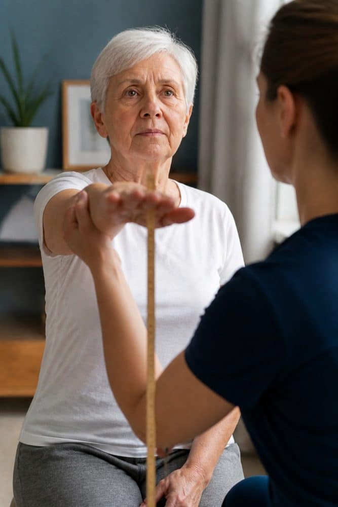 Une femme âgée souriante réalise un test d'équilibre sur une pelouse verte, un homme observe en arrière-plan. Scène de vieillissement en bonne santé.