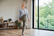 Une femme âgée souriante réalise un test d'équilibre sur une pelouse verte, un homme observe en arrière-plan. Scène de vieillissement en bonne santé.